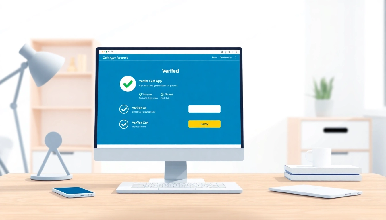 An illustration of a computer screen showing a verified Cash App account in a professional workspace.