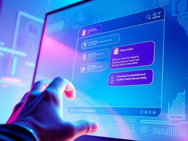 Futuristic digital chatbot interface with vibrant neon lights and user interaction scene.