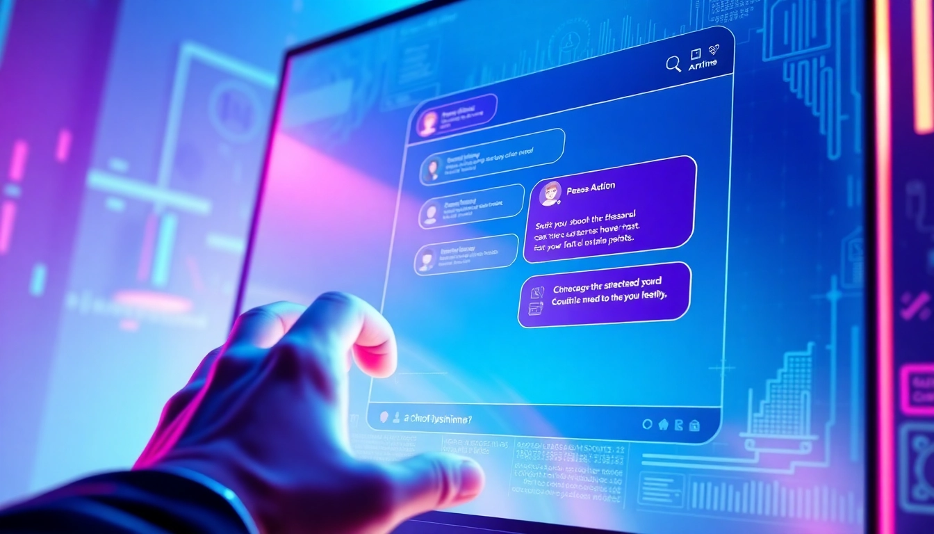 Futuristic digital chatbot interface with vibrant neon lights and user interaction scene.