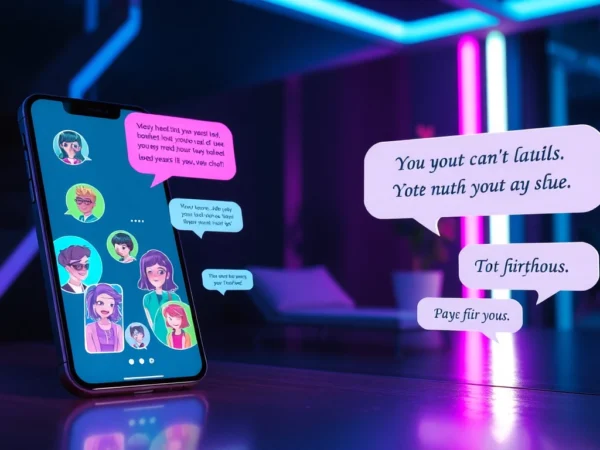 Futuristic digital chat interface with colorful AI characters engaging in flirtatious conversations on a sleek device screen.