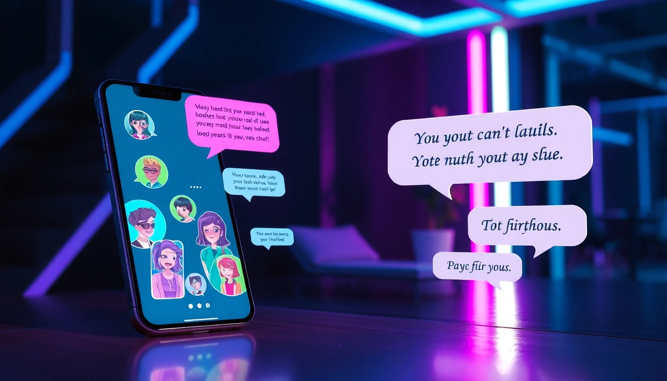 Futuristic digital chat interface with colorful AI characters engaging in flirtatious conversations on a sleek device screen.
