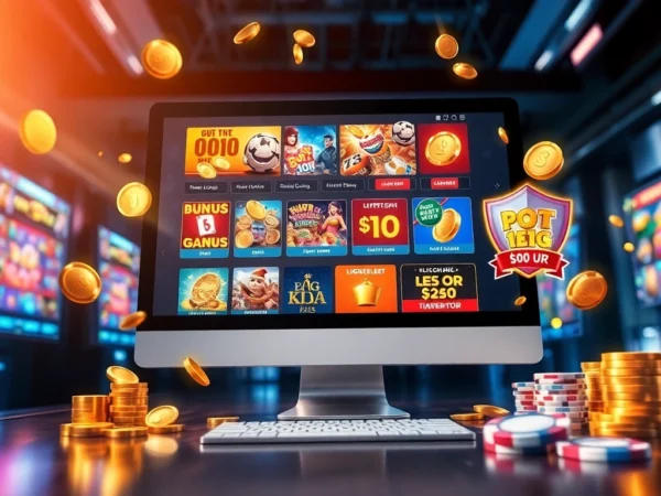 An illustration of a vibrant online gaming platform with colorful game icons, bonus banners, and virtual casino elements.