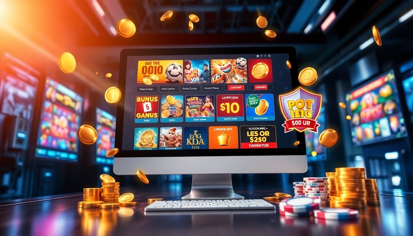 An illustration of a vibrant online gaming platform with colorful game icons, bonus banners, and virtual casino elements.