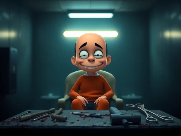 Harvey, a cheerful cartoon character, sitting distressed in a clinical room with dark tools nearby, evoking a disturbing moral dilemma.