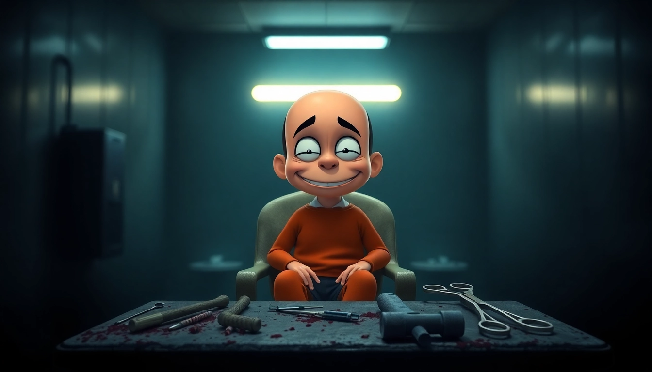 Harvey, a cheerful cartoon character, sitting distressed in a clinical room with dark tools nearby, evoking a disturbing moral dilemma.