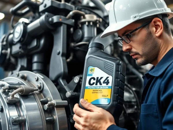 CK4 Official engine oil being poured into a heavy-duty diesel engine, highlighting durability and performance for commercial vehicles.
