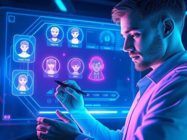 Futuristic digital interface with AI character profiles on holographic screens in a modern tech workspace.