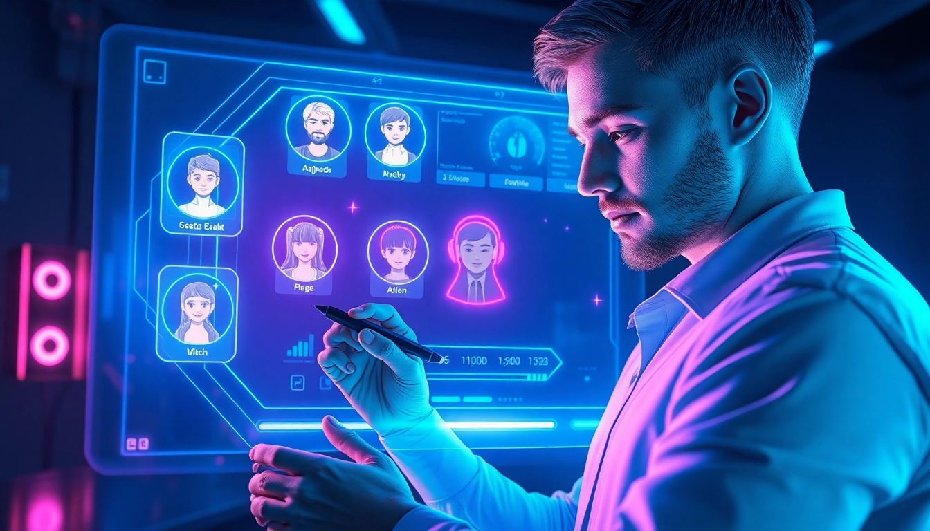 Futuristic digital interface with AI character profiles on holographic screens in a modern tech workspace.