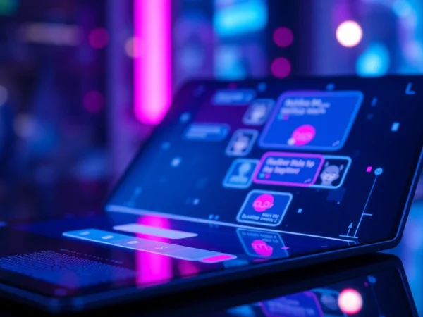 Futuristic AI chatbot interface with glowing holographic elements and digital textures.