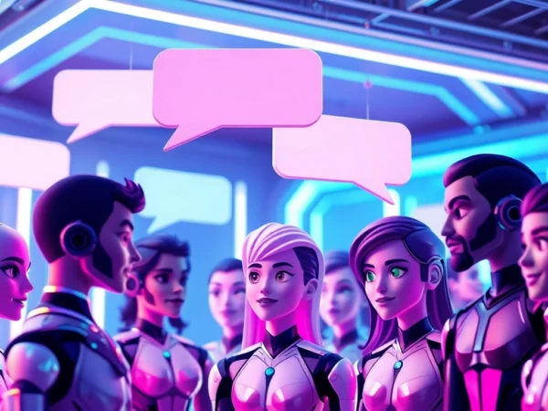 Futuristic AI characters interacting within a high-tech chat interface with neon lighting.