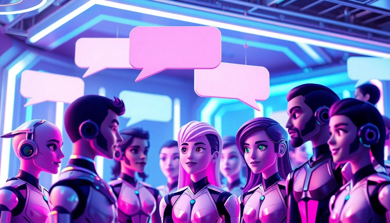 Futuristic AI characters interacting within a high-tech chat interface with neon lighting.