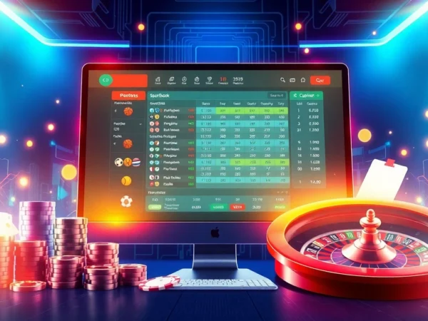 Screenshot of an online sportsbook and casino platform with betting odds, sports icons, and gaming elements.