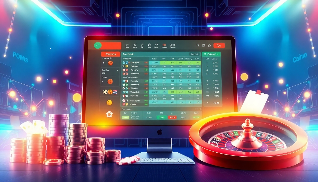 Screenshot of an online sportsbook and casino platform with betting odds, sports icons, and gaming elements.