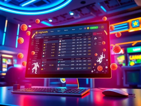 An illustration of a sports betting platform interface with sports icons and neon lighting effects.