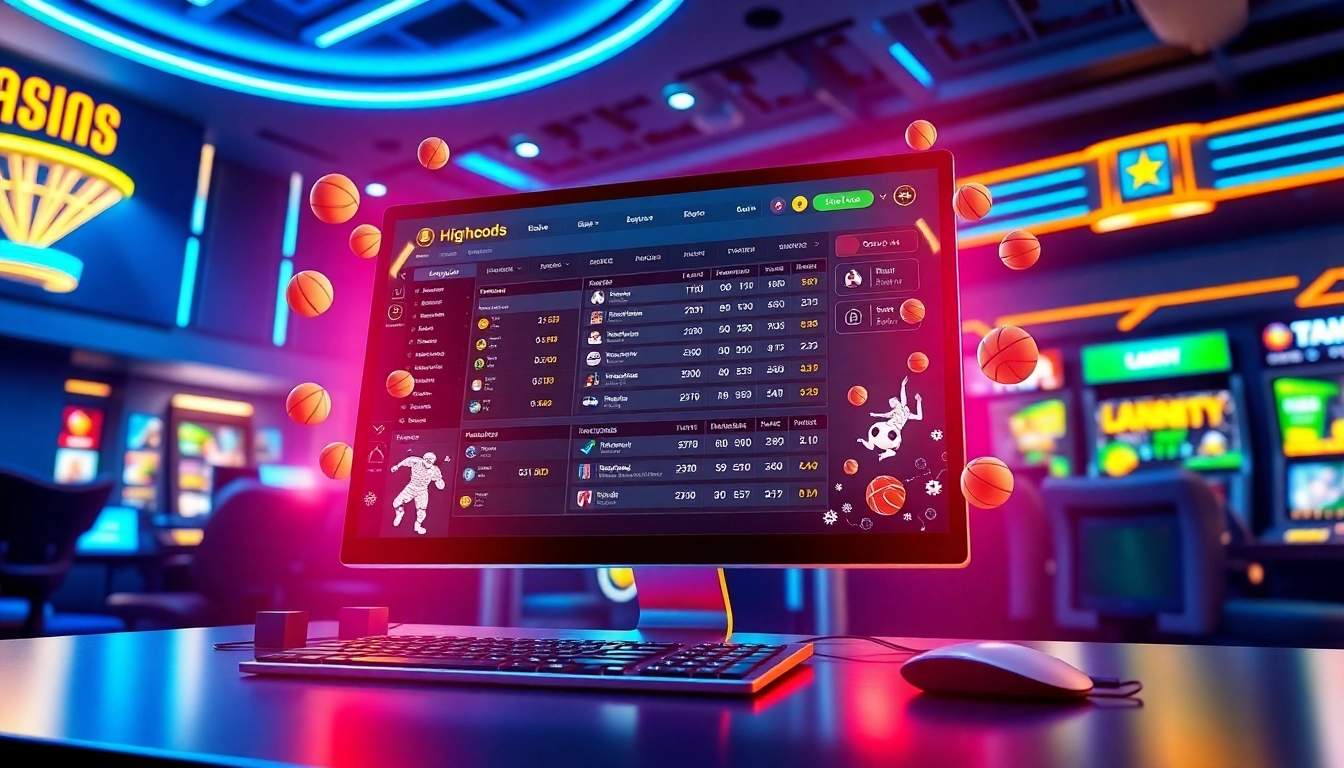 An illustration of a sports betting platform interface with sports icons and neon lighting effects.