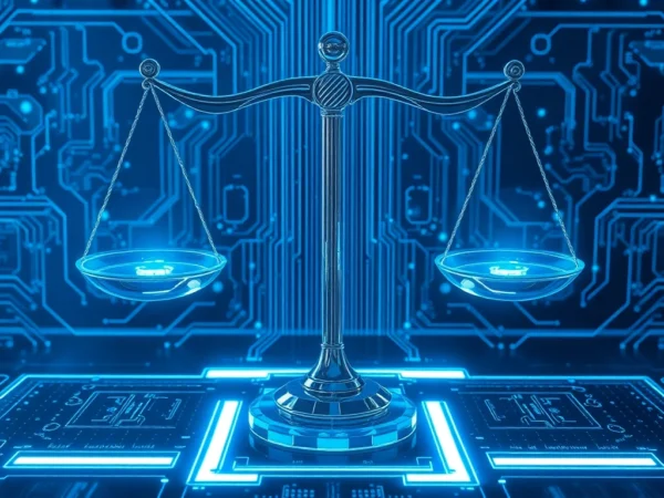 Fairplay digital ethics concept with balanced scales and technical circuits symbolizing fairness and transparency in technology.
