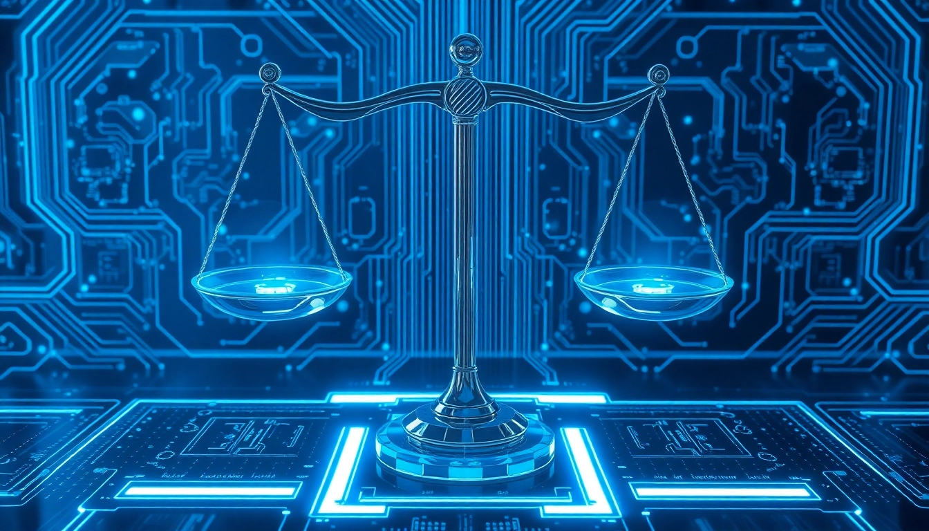 Fairplay digital ethics concept with balanced scales and technical circuits symbolizing fairness and transparency in technology.