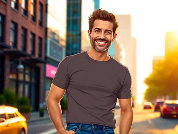 A confident, stylish man in his 40s standing in an urban cityscape during golden hour, smiling and dressed casually.