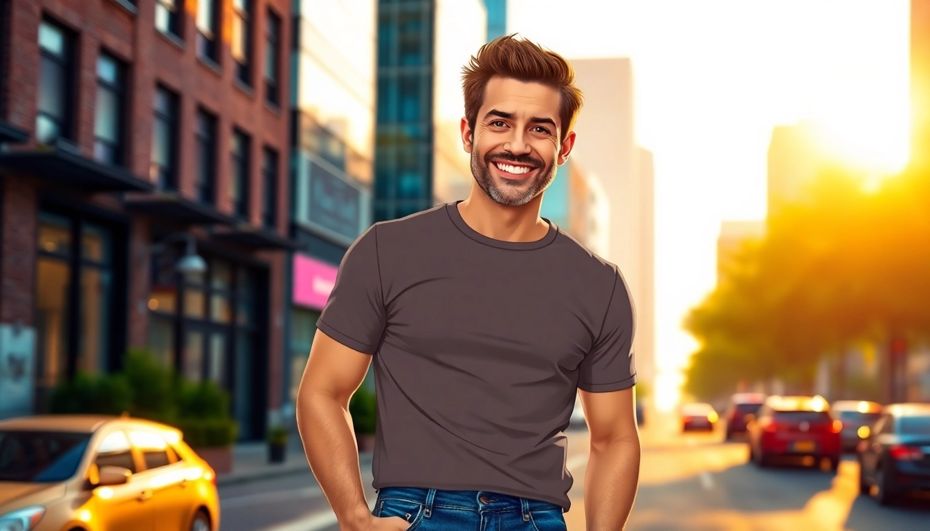 A confident, stylish man in his 40s standing in an urban cityscape during golden hour, smiling and dressed casually.