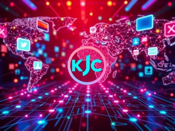 KJC logo displayed on a sleek digital platform, symbolizing global media connectivity and technological advancement for user engagement and trust.
