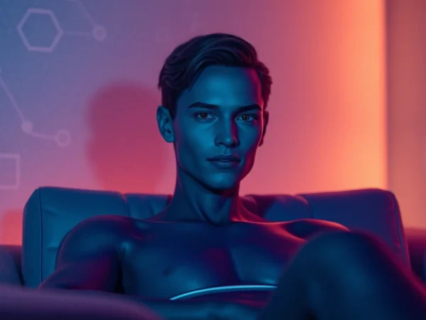 Futuristic AI avatar in a digital, high-tech environment, glowing and inviting