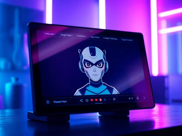 A sleek AI chatbot interface with an alluring digital character on a neon-lit screen in a modern, intimate setting.