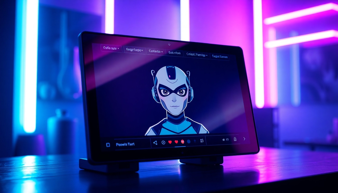 A sleek AI chatbot interface with an alluring digital character on a neon-lit screen in a modern, intimate setting.