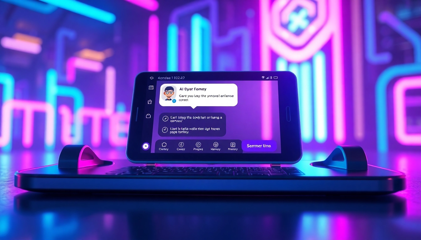 Futuristic digital chat interface with an animated AI character and glowing neon background.