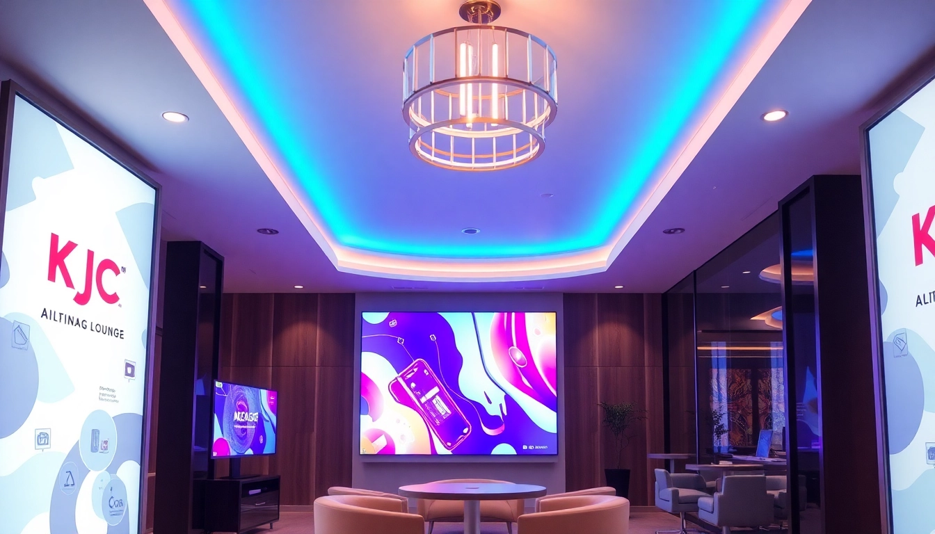 KJC logo displayed on high-tech screens with engaging digital entertainment environment for users