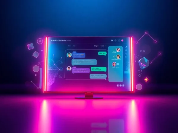 Futuristic digital chatbot interface with colorful chat bubbles and holographic elements in a high-tech environment.