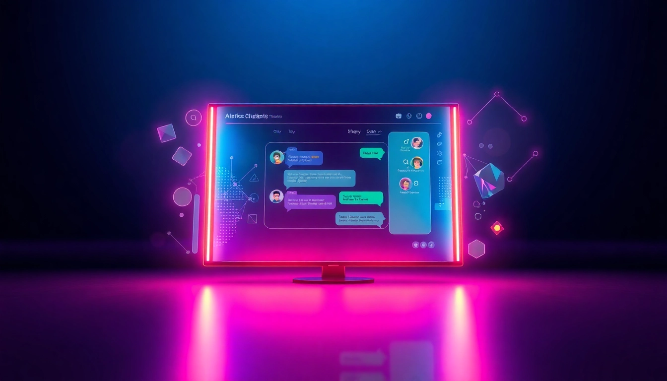 Futuristic digital chatbot interface with colorful chat bubbles and holographic elements in a high-tech environment.