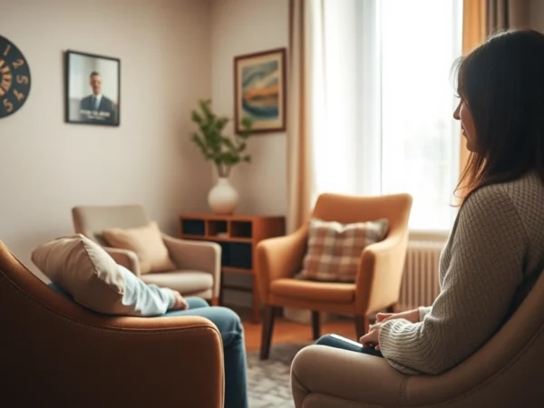 Psycholog Lublin conducting compassionate therapy session in a cozy, welcoming office environment.
