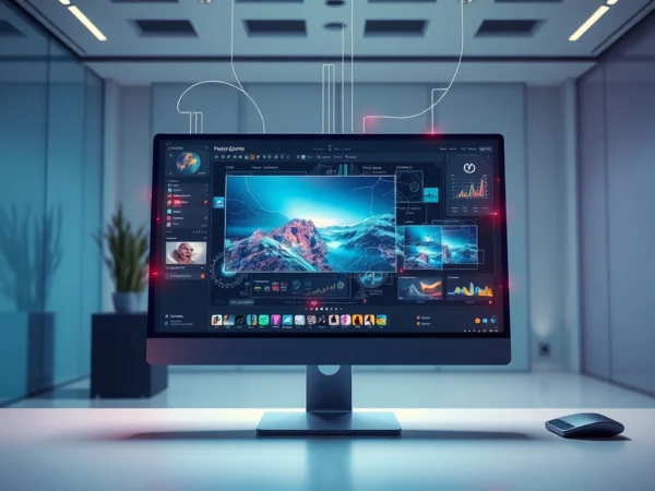 Futuristic AI image editing interface with holographic controls in a modern workspace