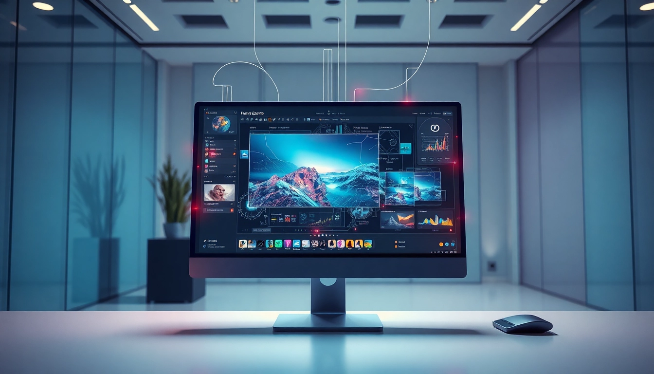 Futuristic AI image editing interface with holographic controls in a modern workspace