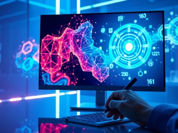 Futuristic digital workspace with AI editing interface and holographic data streams