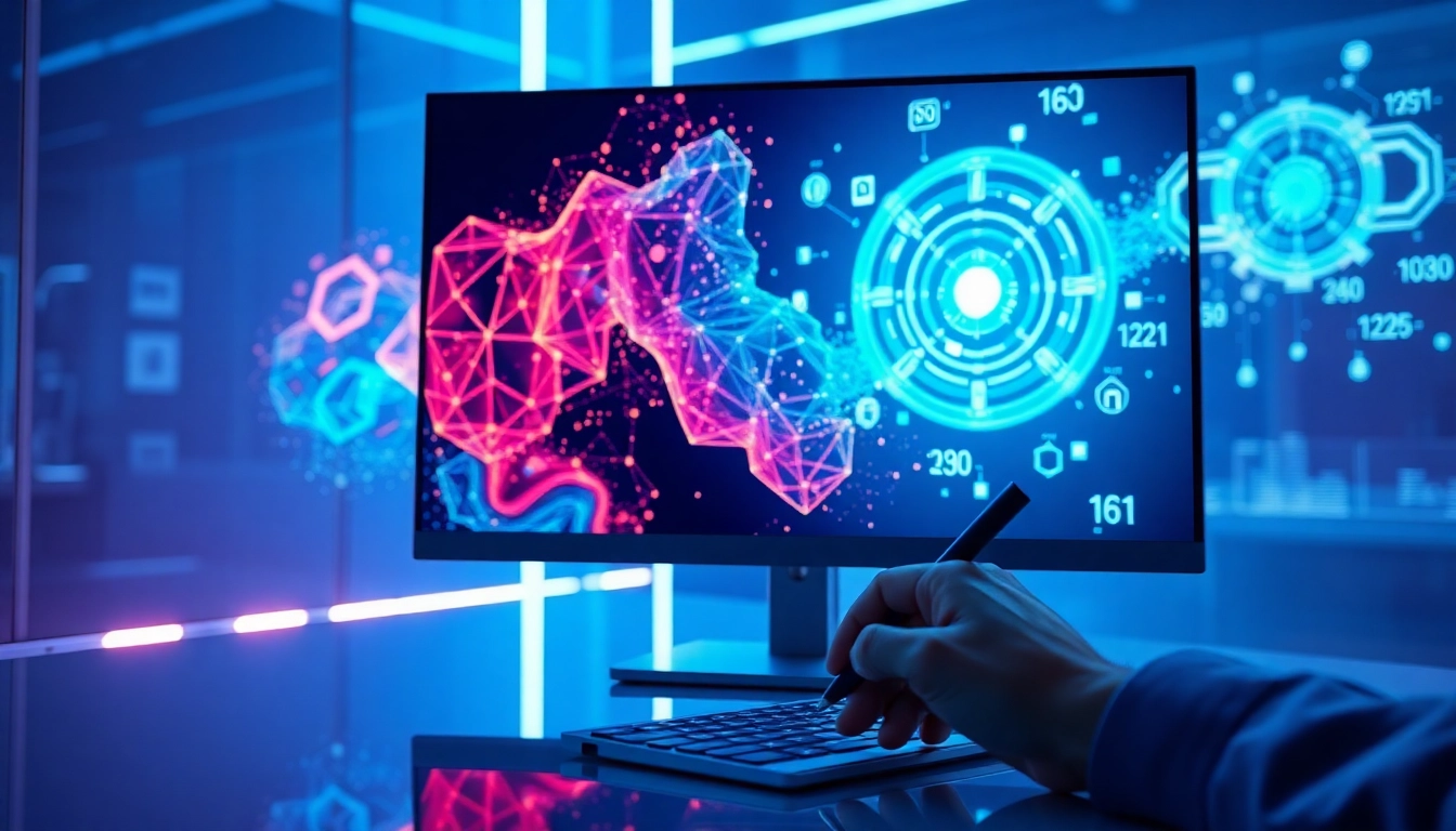 Futuristic digital workspace with AI editing interface and holographic data streams
