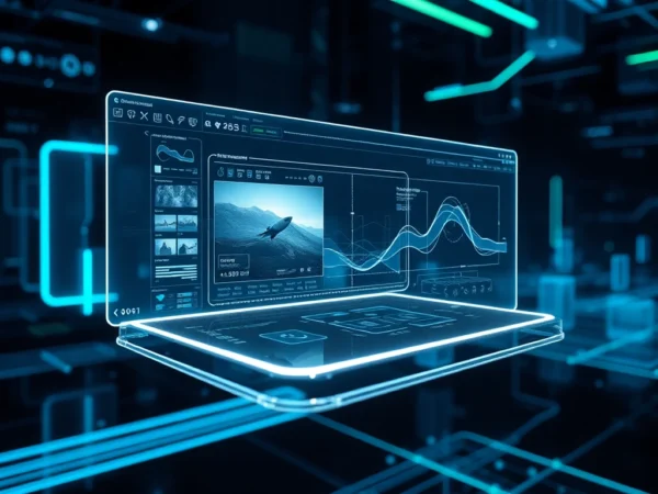 Futuristic holographic interface of Nano Banana AI showing complex image editing tools in a high-tech environment.