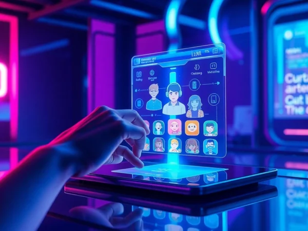 Futuristic user interacting with holographic AI chatbot interface in a high-tech environment.