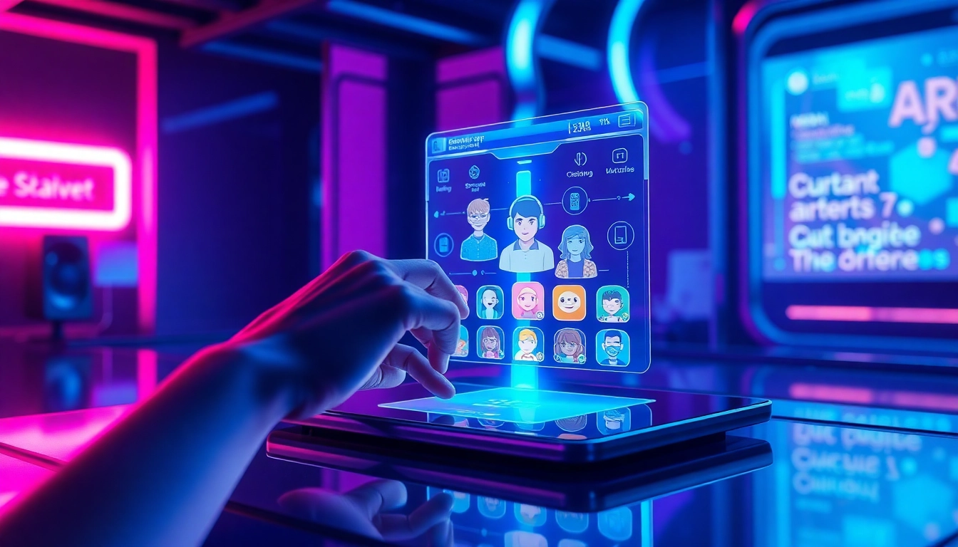 Futuristic user interacting with holographic AI chatbot interface in a high-tech environment.