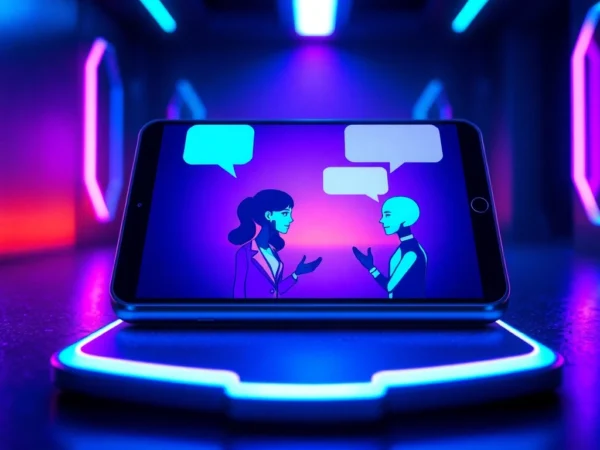 Futuristic digital chat interface with customizable AI characters in a high-tech setting.