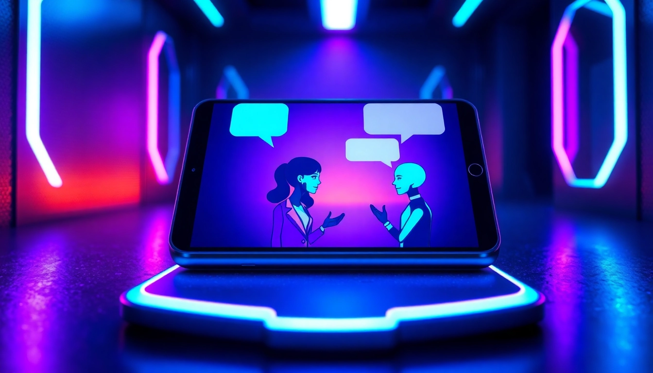 Futuristic digital chat interface with customizable AI characters in a high-tech setting.