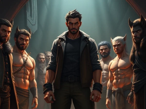 A cinematic scene illustrating the hierarchical social structure of the Omegaverse with humans exhibiting animalistic features in a dimly lit environment