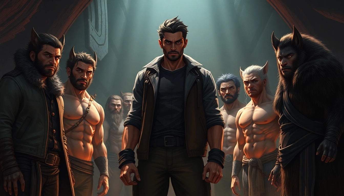A cinematic scene illustrating the hierarchical social structure of the Omegaverse with humans exhibiting animalistic features in a dimly lit environment
