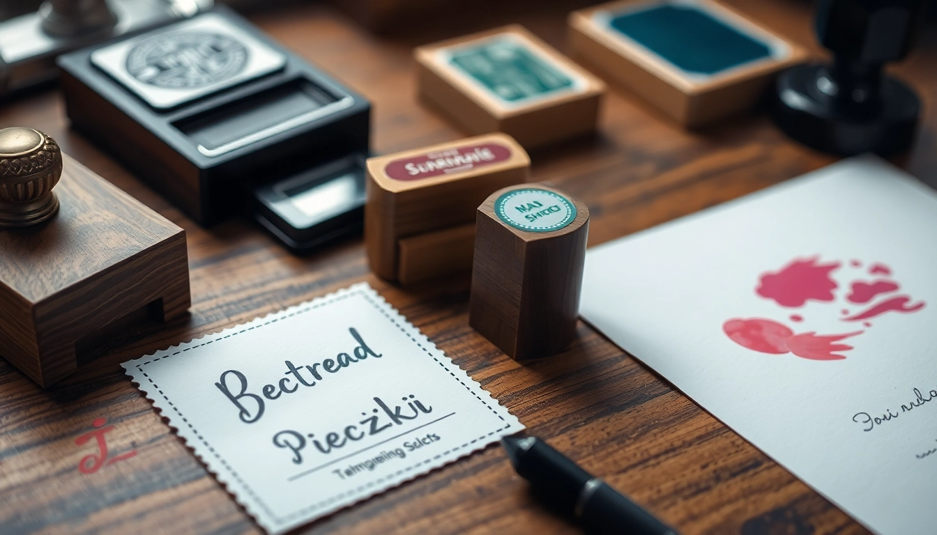 Create custom pieczątki with detailed designs and vibrant colors on a wooden desk, showcasing different styles.