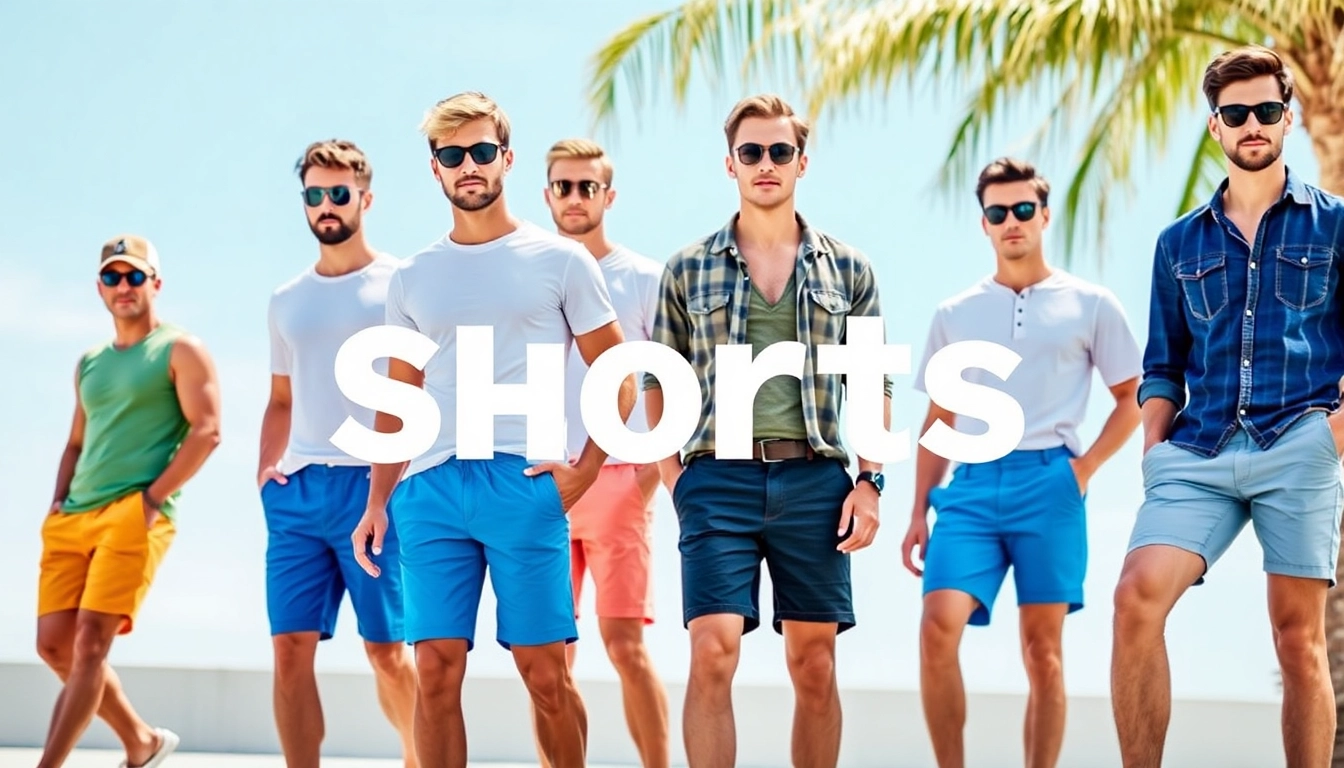 Men's Shorts in stylish casual and athletic designs worn by active models on outdoor setting, emphasizing comfort and trendy style.