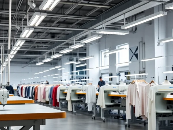 Clothing Manufacturers showcasing production lines in a modern factory setting, emphasizing quality and efficiency.