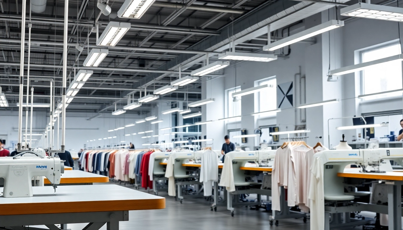 Clothing Manufacturers showcasing production lines in a modern factory setting, emphasizing quality and efficiency.
