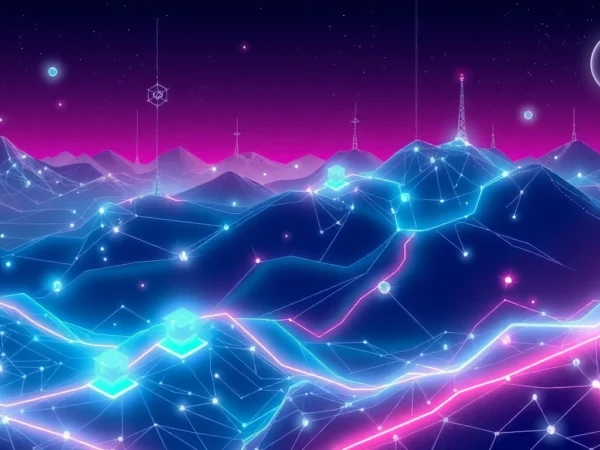 Vibrant cryptocurrency market scene with blockchain nodes and digital data streams illustrating