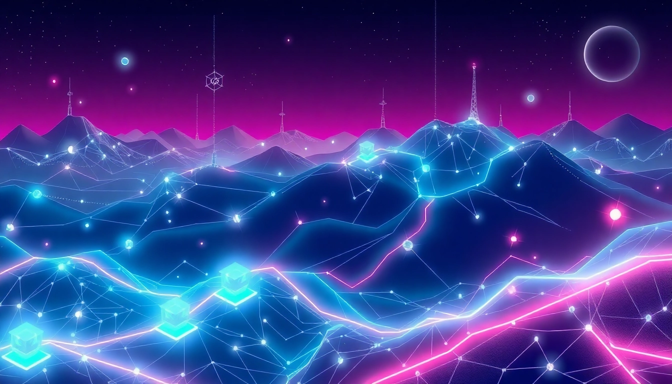 Vibrant cryptocurrency market scene with blockchain nodes and digital data streams illustrating