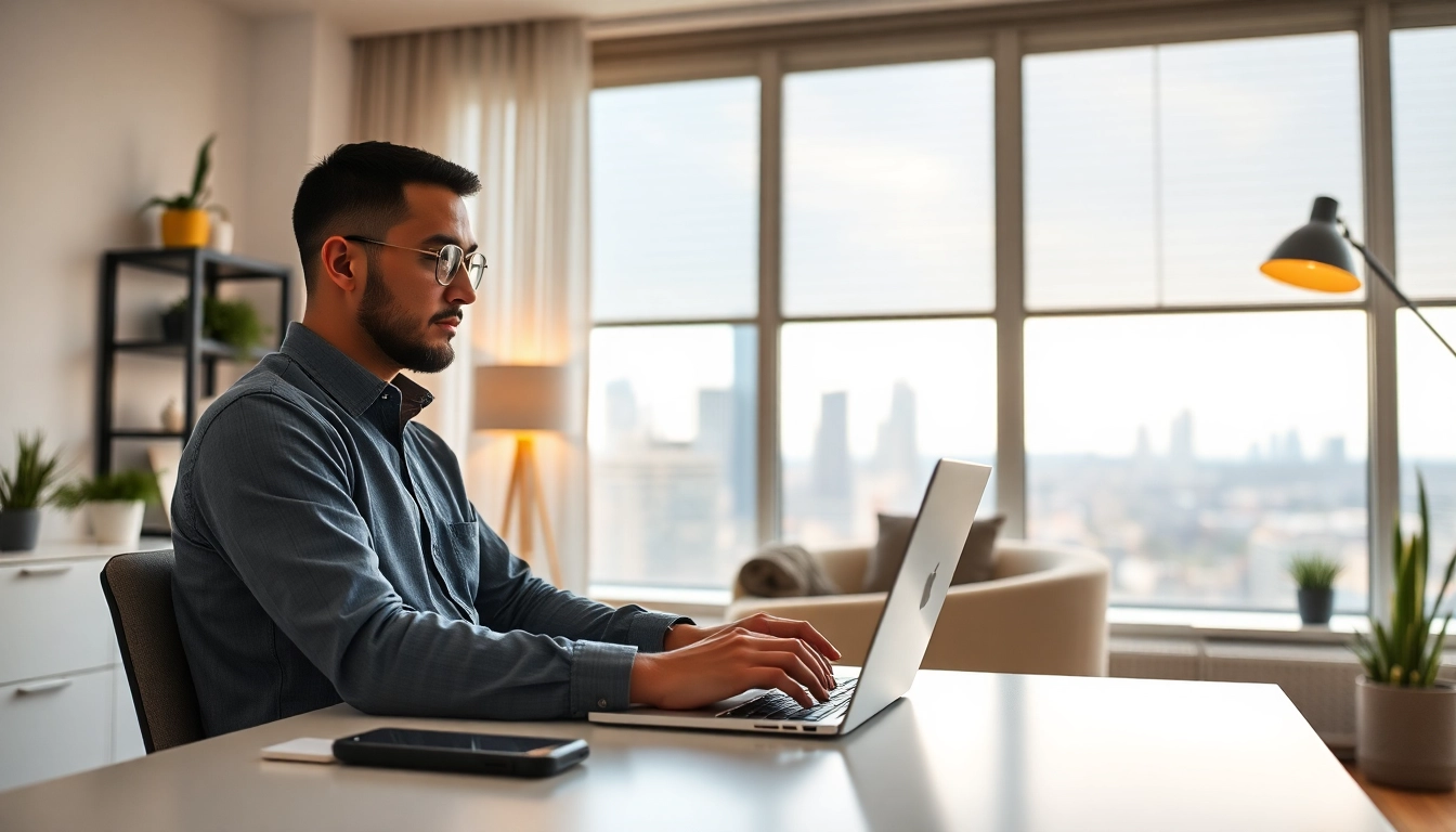 Freelance full remote worker collaborating virtually from a modern home office setup